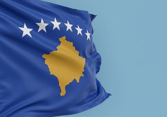Kosovo Flag Waving in the Wind, National Symbol, Blue and Gold, Seven Stars, European Country, Patriotic Display.