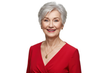 Portrait of a smiling older woman with short gray hair wearing a red dress and a necklace on transparent background