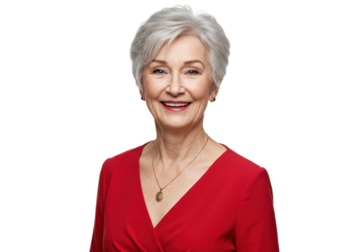 Portrait of a smiling older woman with short gray hair wearing a red dress and a necklace on transparent background - Powered by Adobe