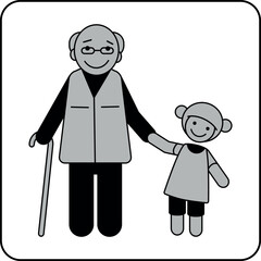 Grandfather and little girl holding hands, walking together. Elderly man with glasses and cane, child with beanie. Generational bonding in a minimalist vector pictogram.