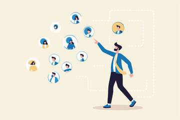 Reorganization or reorg to adjust, allocate resources, change team structure for efficiency, restructure organization, department and job roles concept, businessman ceo reorganize employee role chart.