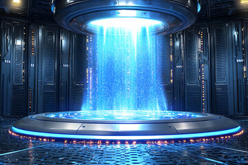 Futuristic Platform with Glowing Blue Light Beam in a Dark Room