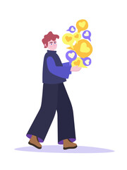 Vector illustration on a white background. Redhead teenager in dark stylish clothes stands and holds, carries hearts, likes in his hands.
