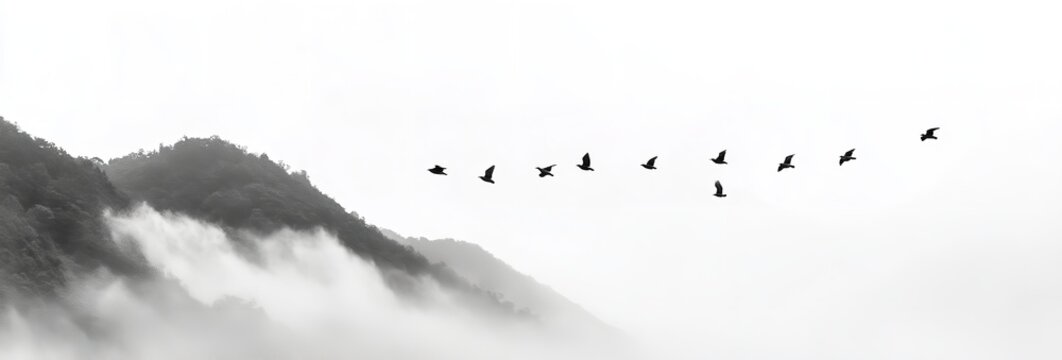 Black and white minimalist photo of birds flying over misty mountains