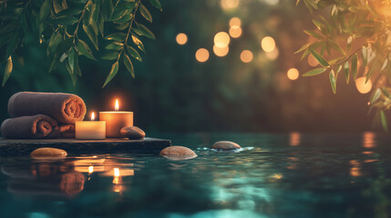 luxury spa retreat with candles and towels by the water – perfect for wellness blogs, relaxation advertisements, meditation promotions, and spa branding	