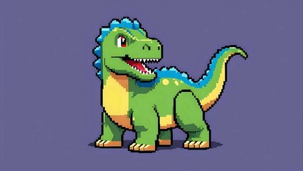 Adorable pixel art dinosaur, cheerful expression, vibrant green and blue hues, playful design, perfect for kids' content or gaming.