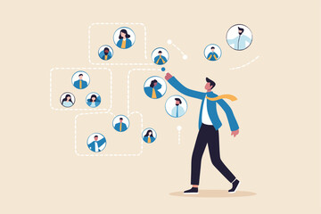 Reorganization or reorg to adjust, allocate resources, change team structure for efficiency, restructure organization, department and job roles concept, businessman ceo reorganize employee role chart.