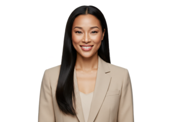 Portrait of a smiling woman with long black hair wearing a beige blazer on a neutral background on transparent background