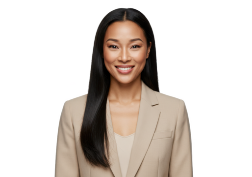 Portrait of a smiling woman with long black hair wearing a beige blazer on a neutral background on transparent background