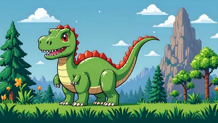 Adorable cartoon dinosaur in a lush prehistoric landscape, perfect for children's books, games, or educational materials.