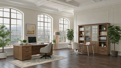 Modern Home Office with Warm Wooden Furniture and Sage Green Walls