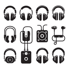 Headphone earphone silhouette black and white icon set vector and illustration design.