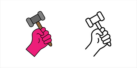 Hammer a nail black line icon. Holding in hand hammer. Construction and repair. Human repairman with working tools. Vector illustration flat design. Isolated on background.