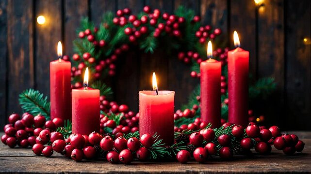 First Advent featuring a wreath adorned with red berry decorations and lit candles, holiday home decoration set against a dark rustic wooden backdrop, with copy space, selected focus, and shallow