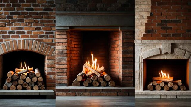 Fireplace featuring exposed bricks on a clear background. Collection of classic brick and stone fireplaces with stacked wood and a small flame burning within.