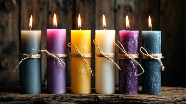 Five Feng Shui candles placed on weathered wood.