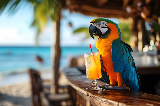 Cheerful parrot sipping tropical drink at beach bar