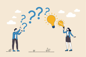 Question and answer, FAQ frequently asked questions, asking and reply to solve problem, help information, solution or q and a session concept, business people with question mark and lightbulb bubble.