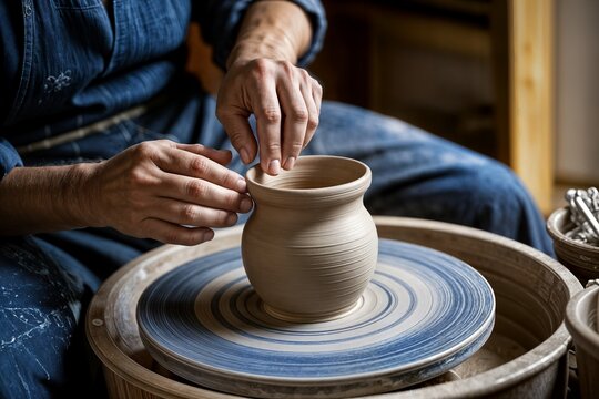 hands working with clay on potter's wheel craftsmanship traditional craft making pottery concept manos trabajando la arcilla en el torno alfarero artesan&iacute;a artesan&iacute;a tradicional fabricaci&oacute;n cer&aacute;mica