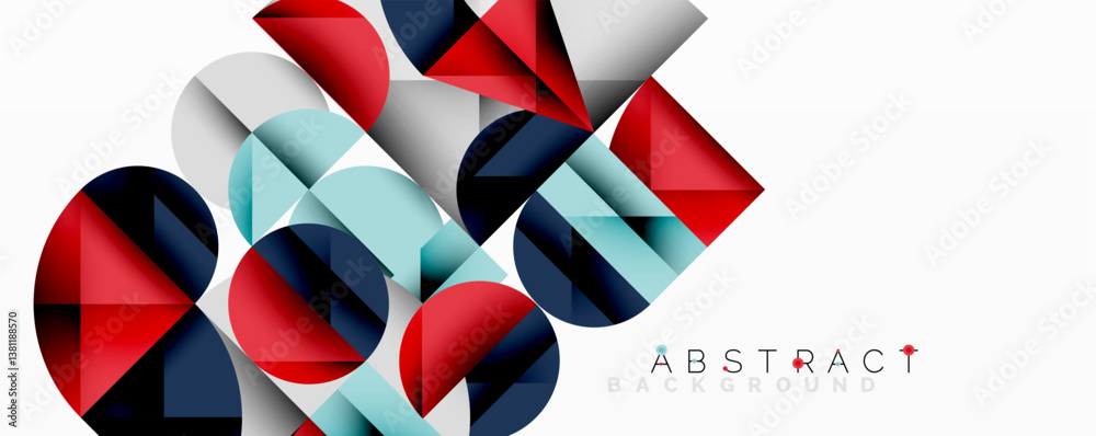 Poster Bright geometric shapes overlap creating dynamic composition. Red, blue, teal, white colors dominate design. Modern abstract pattern for backgrounds.