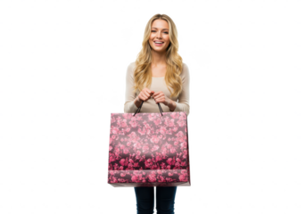 Smiling blonde woman holding a large pink floral shopping bag in a studio setting portrait view on transparent background