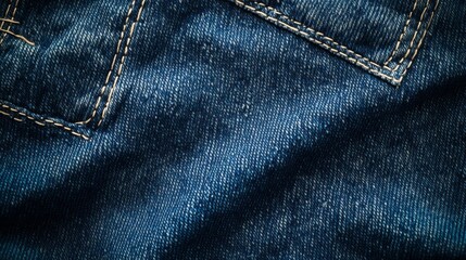 Naklejka premium Close-up of blue denim jean fabric texture with detailed stitching, visible weave pattern, and natural fabric folds for textile or fashion background use