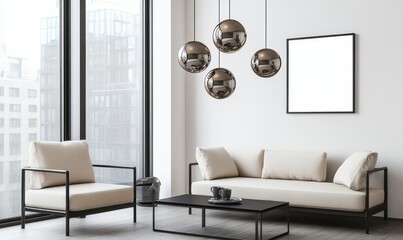 Modern Minimalist Living Room with Beige Sofa and Spherical Pendant Lights
