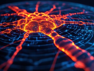 A vibrant visual representation of neural connections, showcasing intricate patterns of glowing orange and blue lines against a dark background.