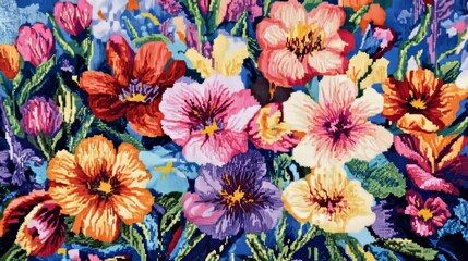 Vibrant and detailed colorful flower cross-stitch design with intricate patterns on fabric, close-up of handcrafted embroidery art