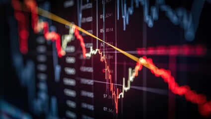 Close-up view of a financial market chart displaying a downward trend with vibrant colors and data points