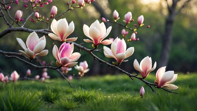 Flowering limbs of Saucer magnolia featuring large, early-blooming flowers in different hues of white, pink, and purple.
