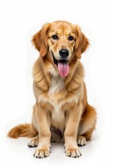 Obraz premium A golden retriever dog sitting on a white background with its tongue out