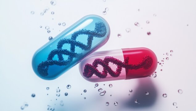 Gene therapy capsules in vibrant colors.  DNA molecules within