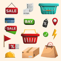  shopping icons,gift boxes, price tags, percentage discounts, and sale signs, all in a playful, colorful design. featuring items like shopping carts, 
