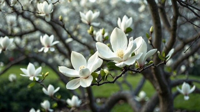 Star-White Magnolia Tree in bloom within the garden. Close up.