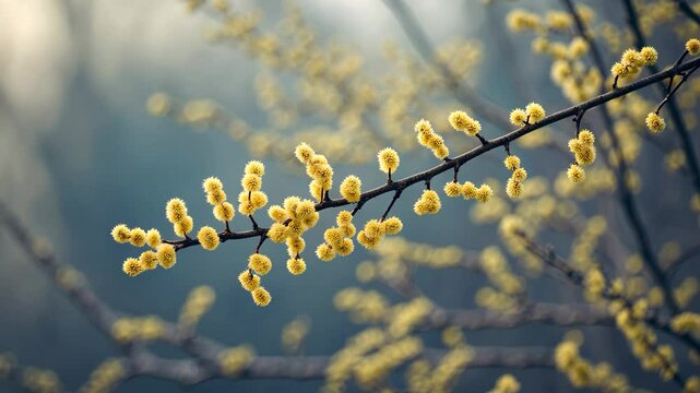 Willow-catkins in bloom on a shrub branch swaying in the soft breeze.