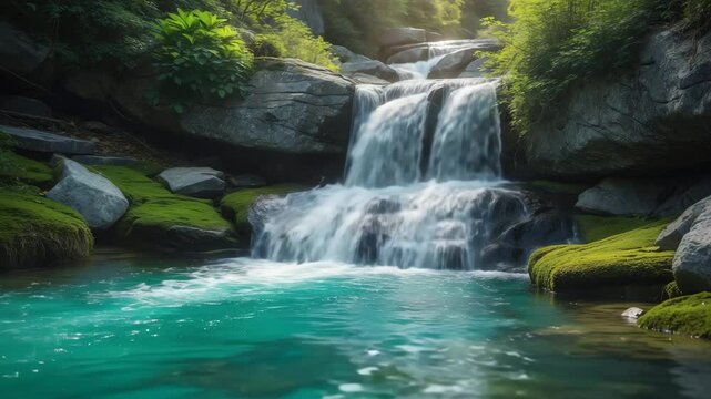 Cascading water flows over rocky cliffs, encircled by vibrant greenery and mossy stones.
