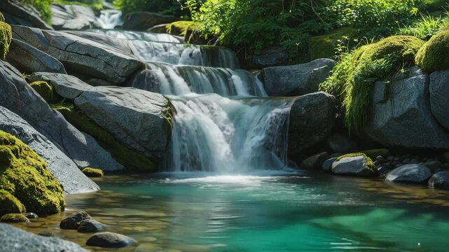 Cascading water flows over rocky cliffs, encircled by vibrant greenery and stones covered in moss.