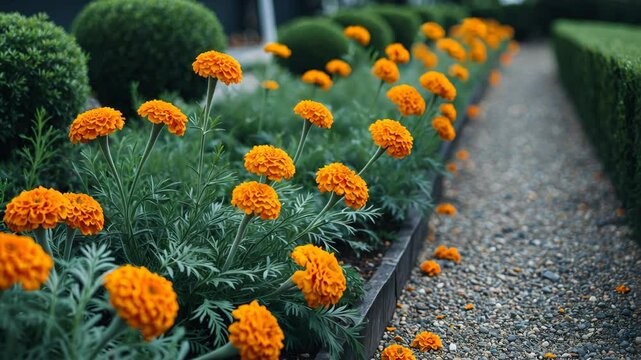 Marigolds in a flower bed. Enhancing the urban environment. Background with selective focus and space for text.