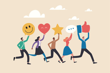 Social media customer feedback review, employee satisfaction, positive feedback on online ranking, giving high score rating, like or happy opinion concept, people carry social feedback elements.