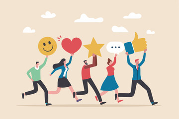 Social media customer feedback review, employee satisfaction, positive feedback on online ranking, giving high score rating, like or happy opinion concept, people carry social feedback elements.