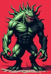 A green monster with a big mouth and fangs on a red background