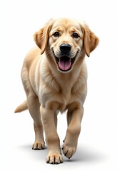 A golden retriever puppy running on a white background