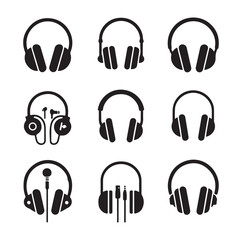 Headphone earphone silhouette black and white icon set vector and illustration design.