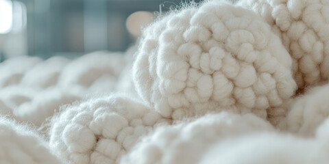 Pile of raw clean sheep soft wool in textile factory. Machinery processing, Natural material, cotton production, fiber creation industry.  