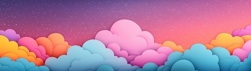 A vibrant, colorful cloudscape against a gradient sky, blending shades of pink, blue, and orange, creating a dreamy atmosphere.