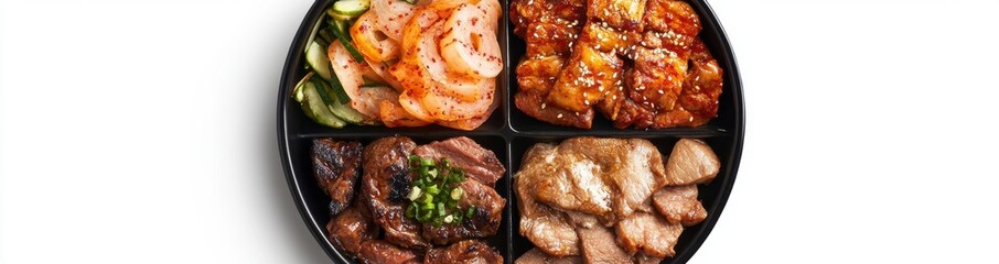 Overhead View of Four Sectioned Container with Asian Style Meats and Vegetables