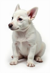 Obraz premium A small white dog with blue eyes sitting on a white surface