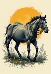 A black horse standing in a field of flowers
