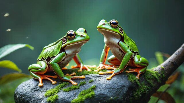 Flying frog perched on a body, stunning tree frog on a branch